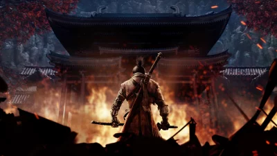 Lone Samurai Warrior Confronts Burning Ancient Japanese Temple with Dual Katanas image