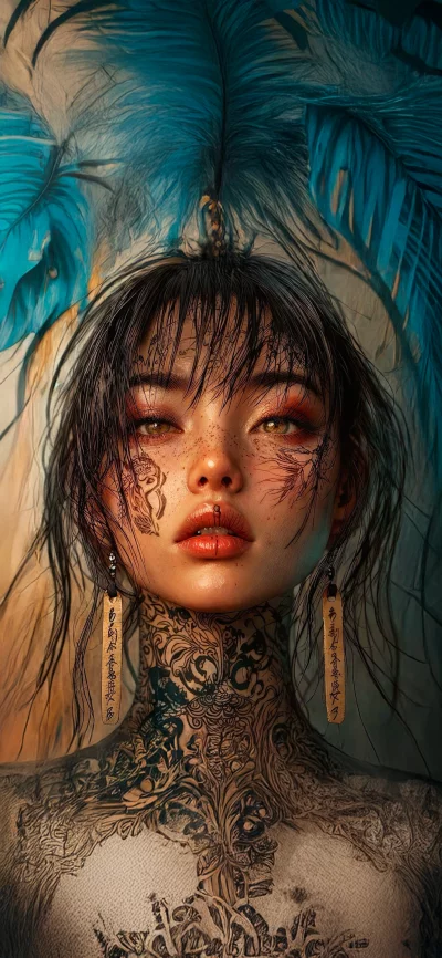 Artistic digital portrait of tribal woman with blue feathers and tattoos