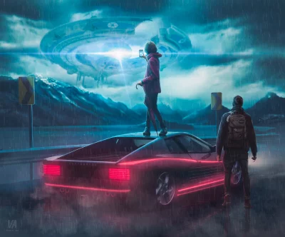 Neon Sci-Fi UFO Encounter with Sports Car in Rainy Mountain Landscape image