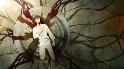 Pensive Anime Man on Ancient Ornate Circle with Dark Mystical Roots and Glowing Light image