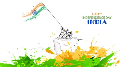 Happy India Independence Day Celebration with Artistic Flag Hoisting and Vibrant Splashes Wallpaper image