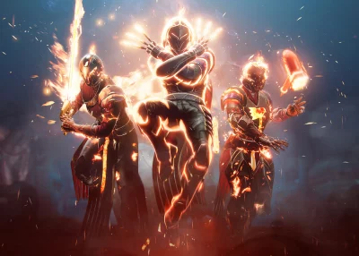 Three Epic Armored Warriors Unleash Fiery Powers in a Dynamic Fantasy Battle image