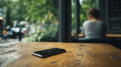 Modern Smartphone Resting Face Down on Rustic Wooden Table in a Blurred Cafe