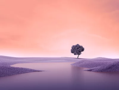 Surreal Purple Landscape with Lone Tree Reflecting in Calm Water Under Peach Sky image