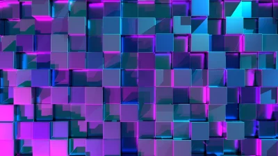 Vibrant Neon Cubes with Glowing Blue and Purple Reflections Abstract 3D Background image