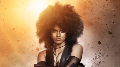 Confident Superheroine with Afro Hair and Unique Facial Markings in Dynamic Action Scene image
