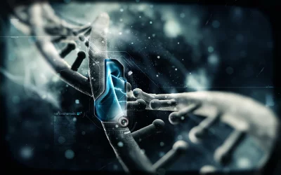Futuristic DNA Double Helix with Glowing Blue Digital Interface and Data Visualization image