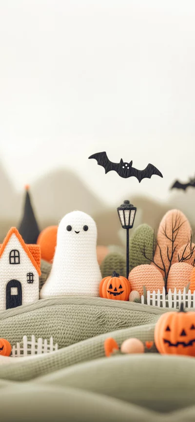 Cute Crochet Halloween Village with Ghost, Pumpkins, and Bats