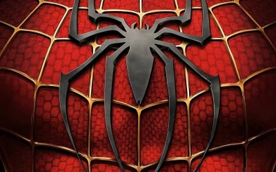 Classic Spider-Man Symbol on Vibrant Red and Gold Web Background image