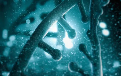 Dynamic 3D Render of a DNA Helix in Blue with Glowing Dust Particles image