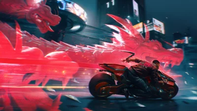 Cyberpunk Biker Racing Through Neon City with Dynamic Red Dragon Holograms image
