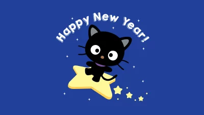 Adorable Black Cat Character Riding a Shooting Star with Happy New Year's Greeting image
