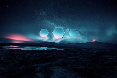 Glowing Hexagons in Cosmic Night Sky Over Dark Futuristic Alien Landscape image