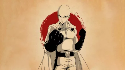 Saitama One-Punch Man Hero in Dynamic Combat Stance against Red Sun Background image