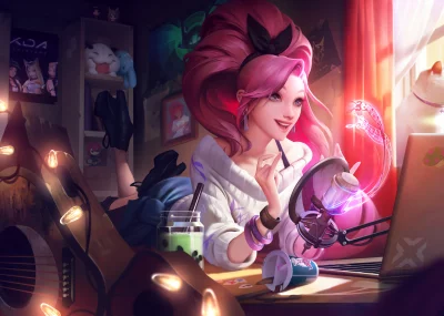 Vibrant Pink-Haired Woman Singing Online in Cozy, Music-Filled Room with Laptop and Microphone image