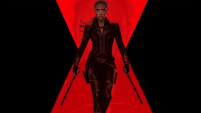 Black Widow Heroic Stance with Iconic Weapons Against Dynamic Red Black Background image
