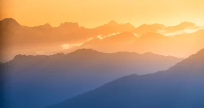 Vibrant Layered Sunset Mountains Panorama Cinematic Landscape Wallpaper HD Background image