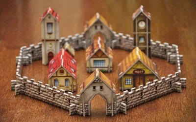 Miniature Medieval Walled Town Board Game Diorama with Buildings and Clock Tower image