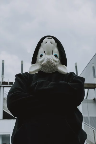 mask and the black hoodie create a sense of mystery and anonymity