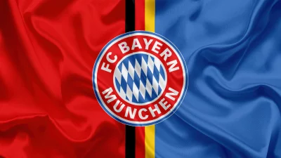 FC Bayern Munich Football Club Emblem on Waving German Flag Fabric Background image