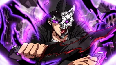 Dynamic Anime Warrior with Split Face, Purple Aura, and Powerful Blade image