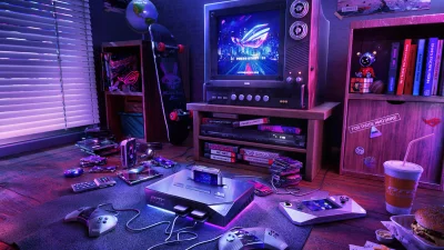 Retro Cyberpunk Gaming Room with Neon Lights and ASUS ROG Gear image