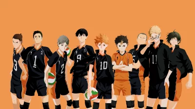 Dynamic Anime Volleyball Team Posing on a Vibrant Orange Backdrop for Sports Illustration image