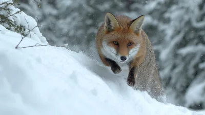 Wild Red Fox Leaping Through Fresh White Snow in a Winter Forest Landscape image