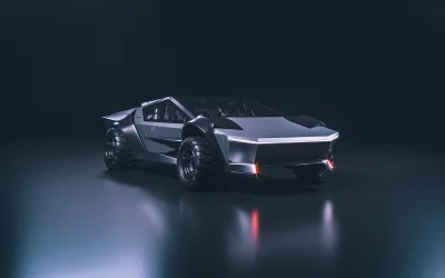Futuristic Armored Electric Concept Car with Rugged Tires and Neon Lighting image