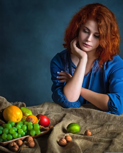 Pensive Red-Haired Woman Contemplating Still Life Fruits and Nuts image