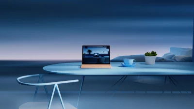 Minimalist Blue Home Office: Laptop, Coffee, and Plant on Elegant Table image