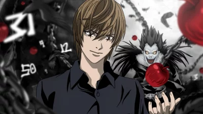 Iconic Death Note Characters Light Yagami and Shinigami Ryuk with Floating Red Apples image