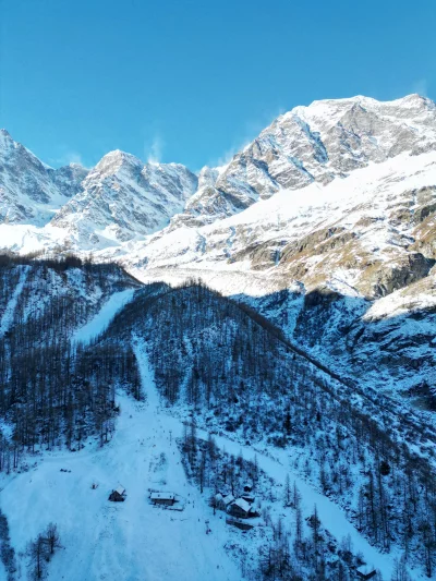 Scenic ski resort village nestled among snow-covered mountains and trees