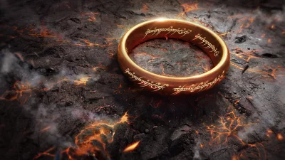 Mysterious Golden Ring with Inscriptions on Volcanic Lava Ground and Fiery Cracks image