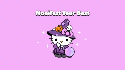 Cute Hello Kitty Witch Holding Crystal Ball on Pink Background for Halloween image