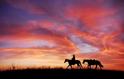 Western Riders on Horseback Silhouetted Against a Radiant Sunset Sky image