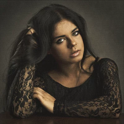 Pensive Young Woman in Black Lace with Long Dark Hair Artistic Studio Portrait image