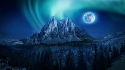 Mystical Night: Aurora Borealis and Full Moon over Mountains and Forest image