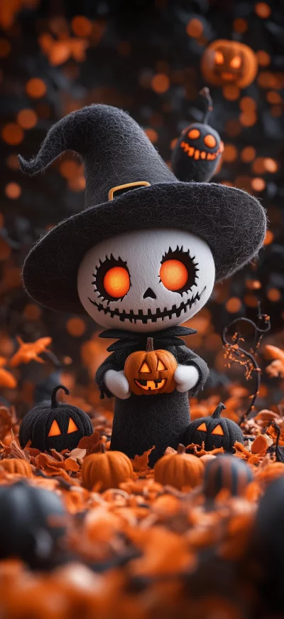 Cute Halloween Skeleton Witch Holding Pumpkin Amidst Autumn Leaves