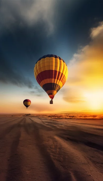 Hot Air Balloons Soar Above Desert Landscape at Sunrise