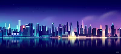 Dynamic Futuristic City Skyline with Neon Glow Reflected in Calm Water at Night image