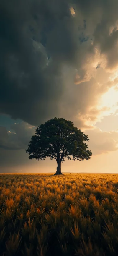 Lone Tree in Golden Field Under Dramatic Stormy Sunset Sky