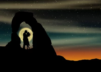Romantic Couple Embracing Under Full Moon Through Natural Arch at Starry Night image