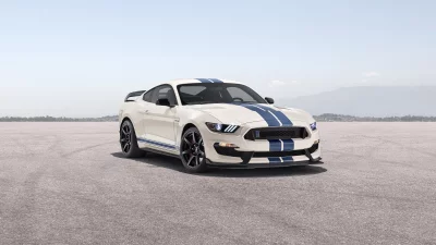 White Ford Mustang Shelby GT350 with Blue Racing Stripes Performance Car image