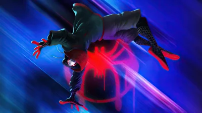 Miles Morales Spider-Man Dynamic Leap in Urban Neon Glow Digital Art image