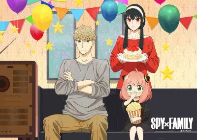Spy x Family anime characters Loid, Yor, and Anya enjoying a lively celebration party image
