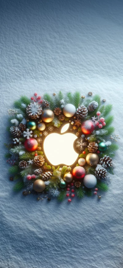 Glowing Apple Logo Christmas Wreath on Snowy Background