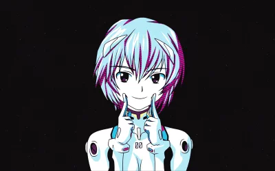 Smiling Anime Girl with Blue Hair in Retro Pop Art Style on Dark Background image