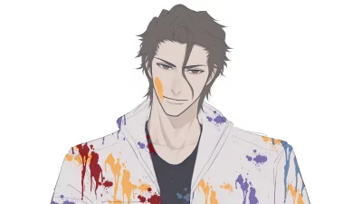 Cool Anime Male Character with Artistic Paint Splatter on White Jacket image