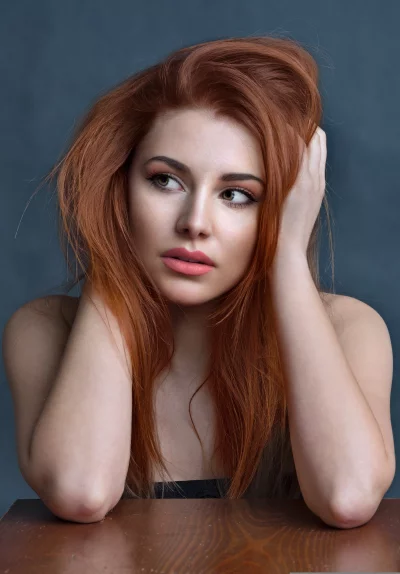 Pensive Woman with Auburn Hair, Hands to Head, Contemplative Gaze image